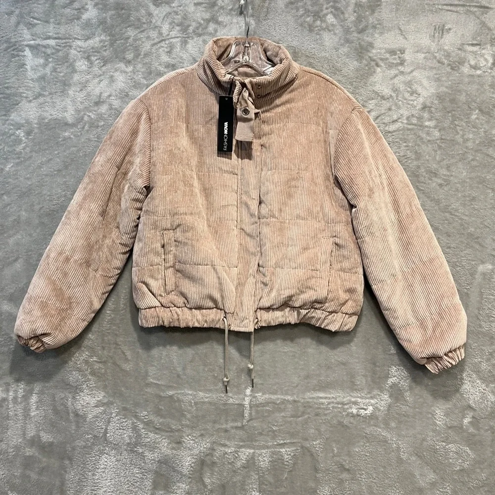Fashion Nova Puffer Jacket Women Size L Taupe Corduroy Quilted JKJR000350FN - Picture 1 of 8